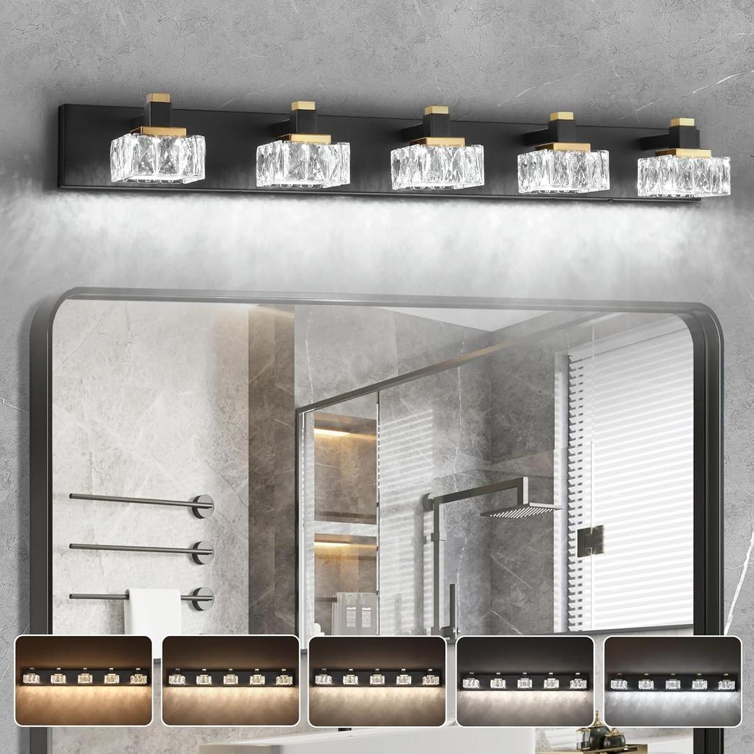 SineRise Bathroom Vanity Lights Over Mirror,5-Light Dimmable 5CCT Led Vanity Lights Black Gold Crystal Wall Sconce Lighting 40 inches Modern Vanity Light for Bathroom,Bedroom,Living Room(3000K-6000K)
