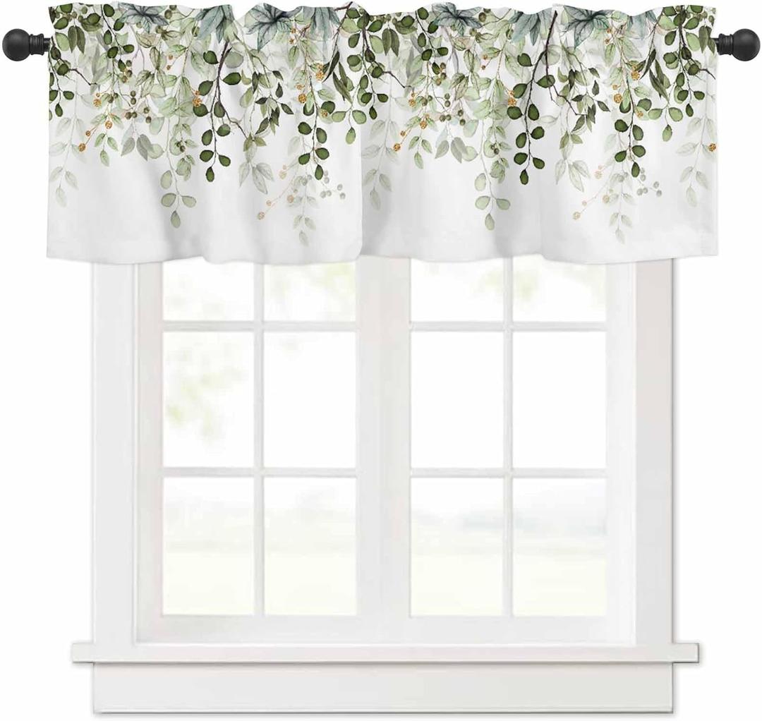 Sage Green Eucalyptus Leaves Valance for Windows Berry Branch Plant Curtains Valances Spring Short Curtains Rod Pocket Window Treatment for Kitchen Living Room Bedroom Bathroom Decor 1 Panel 42x12