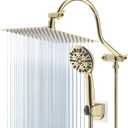 Hibbent All Metal Shower Head, 10'' High Pressure Rainfall Shower Head/Handheld Gold Showerhead Combo with 12'' Adjustable Shower Extension Arm, 7-Spray, 71'' Hose Showerhead Holder, Polished Brass