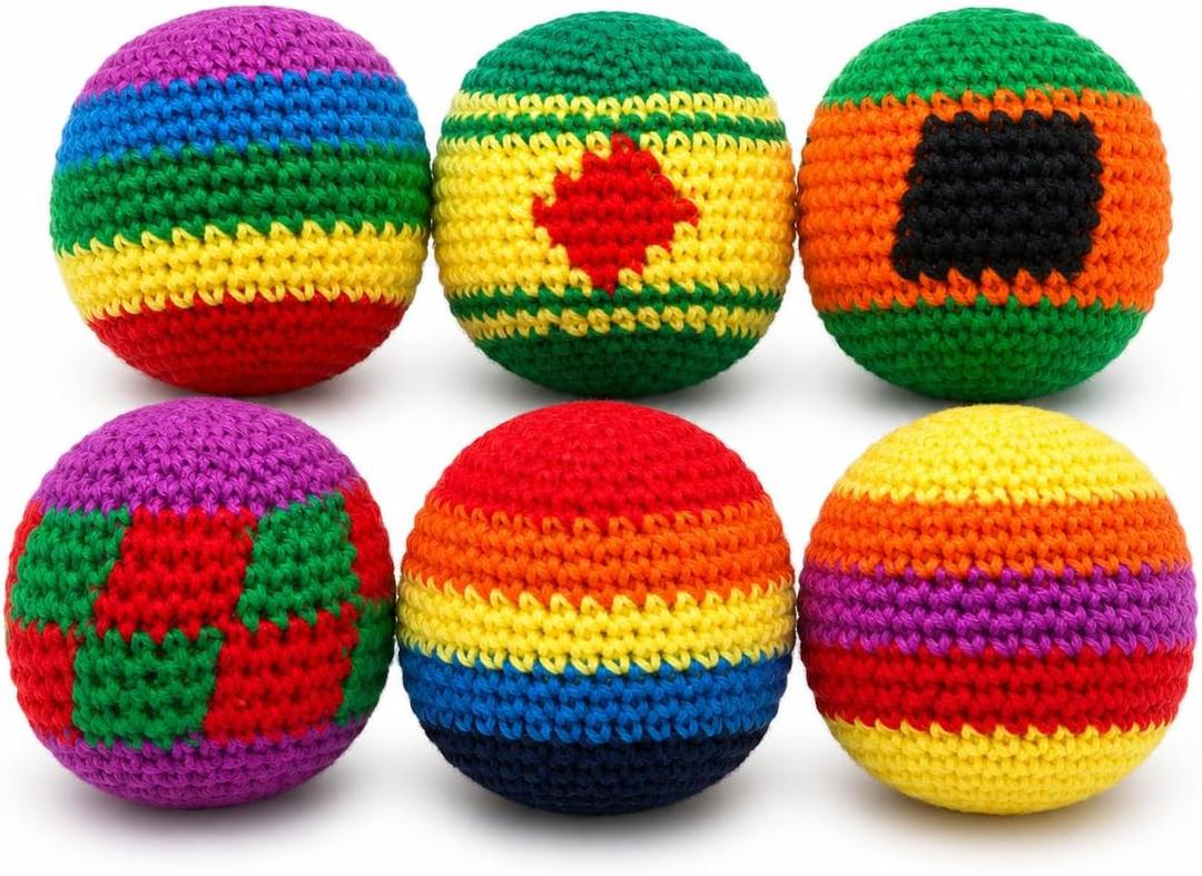 Knitted Footbags Set - Colorful Crochet Foot Bag Kick Balls for Adults and Beginners, Small Kick Sack for Juggling Practice, Indoor Outdoor Games, Party Favors and Group Play