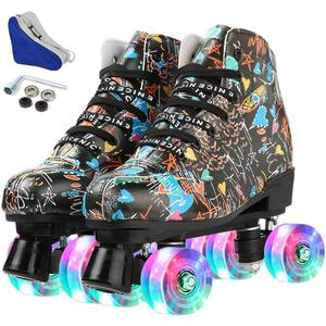 Silvertree Roller Skates for Women and Men PU Leather High-top Adult Roller Derby Skate Wheels Light Up Roller Skate Four-Wheel Shiny Roller Skates for Girls Boys Unisex (US:8, black flash wheel)