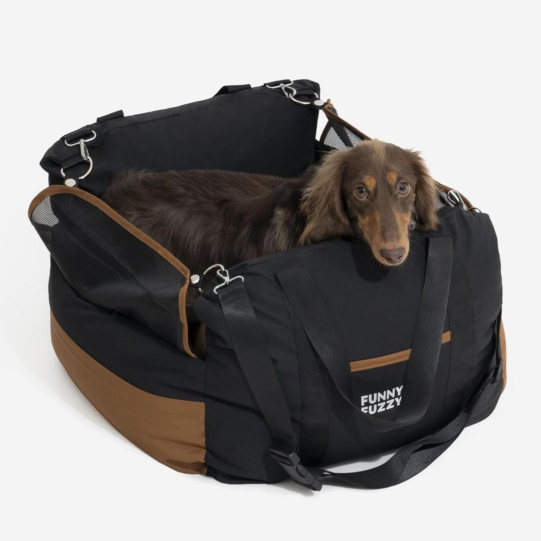FUNNY FUZZY Waterproof Dog Car Seat for Small & Medium Dogs Up to 35lbs, Detachable & Washable Pet Booster Seat with Leash, Thick Cushion, Storage Pockets & Adjustable Straps (Black)