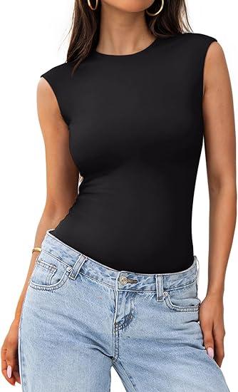 PINKMSTYLE Womens Crew Neck Sleeveless Bodysuit Double Lined Stretchy Fitted Basic Thong Body suit Tank Tops (XX-Large, Black)