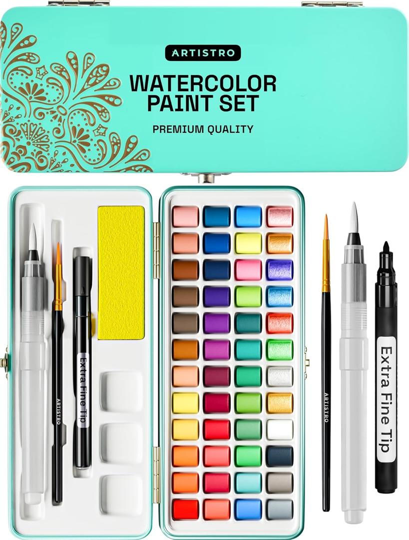ARTISTRO Watercolor Paint Set, Vivid Colors in Portable Box, Palette set, Including Metallic and Fluorescent Colors. Perfect Travel Watercolor Set for Artists, Amateur Hobbyists and Painting