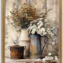 Krtoni Framed Farmhouse Vintage Canvas Wall Art, Country Floral Daisy Picture Wall Decor, White Jasmine Flowers and Rust Kettle Poster Print for Living Room Bedroom Bathroom Rustic Decor 10''L x 8''W