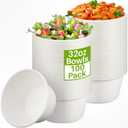 Tessco for you 32 oz 100 Pack Large Disposable Salad Bowls Deep Heavy Duty Paper Bowls Sugarcane Fiber Compostable Biodegradable Microwave Safe for Hot Cold Soup Ramen Popcorn Pasta (White Color)