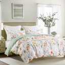 SLEEPBELLA Duvet Cover Queen, 600 Thread Count Cotton 3pcs Bedding Set Yellow Flowers and Green Branches Printed on White Reversible Comforter Cover