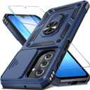 Janmitta Compatible with Samsung Galaxy A17 5G Case Built in Slide Camera Lens Cover+Screen Protector+Finger Ring Holder Kickstand,Heavy Duty Shockproof Full Body Phone Cover,Blue