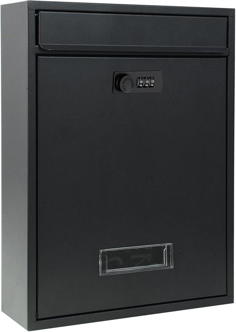 Mailboxes for Outside, Wall Mount Locking Security Mailbox with Combination Lock and 3 Sets Mail Box Numbers, Large Capacity Steel Cover Metal Postbox for Outdoor, 13.8X10.8X3.25 Inch Black