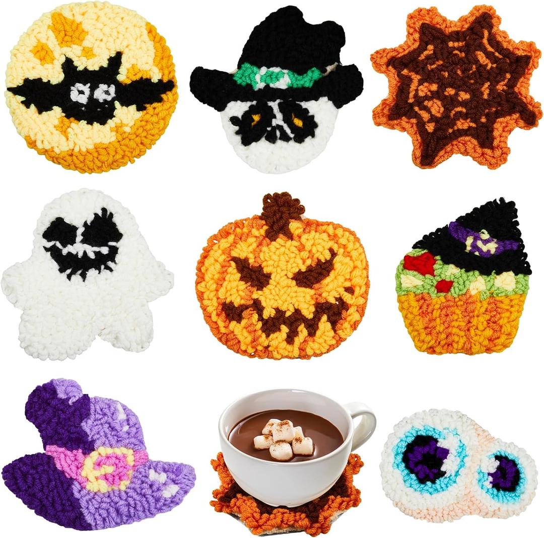 Preboun 8 Pcs Halloween Punch Needle Coaster Kit, Easy DIY Embroidery Halloween Punch Needle Kit for Beginners Adults, Includes Adhesive Felt, Yarns Hoop Tools Instruction