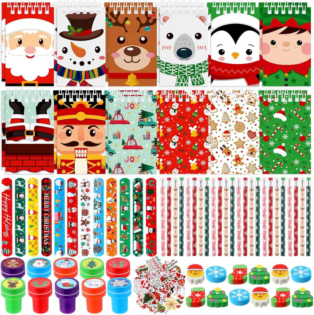 Pasimy 170 Pcs Christmas Stationery Set 24 Pack Xmas Goody Bag Filler with Eraser Slap Bracelet Pencil Stationery Stocking Christmas Party Favors Assortment for Gift Prizes Reward Supplies