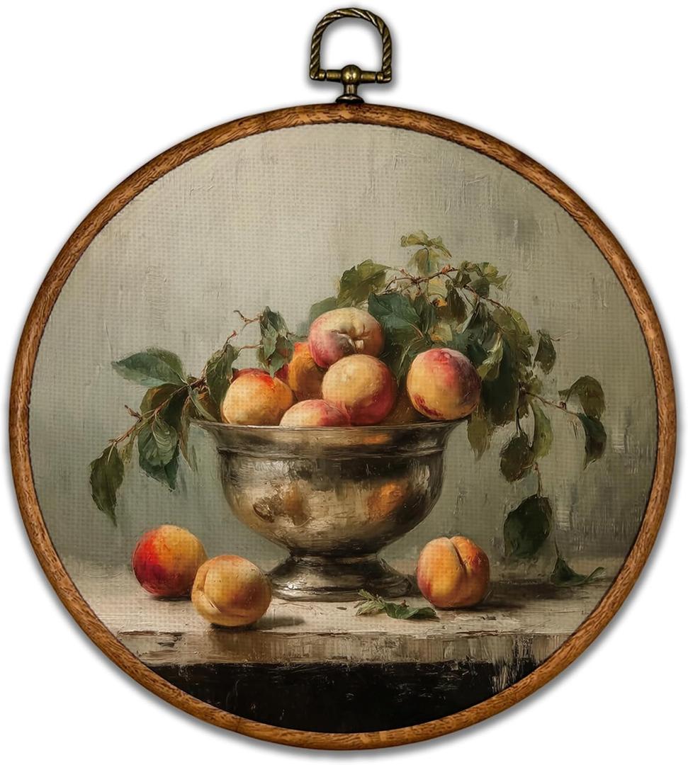 BCUANGD Vintage Peach Round Wall Art Decor - Retro Still Life Food Wall Art Canvas Frame Artwork Prints, Rustic Country Bakery Round Wall Hanging Decorations for Kitchen Home, 10"x10" (Bread-9)