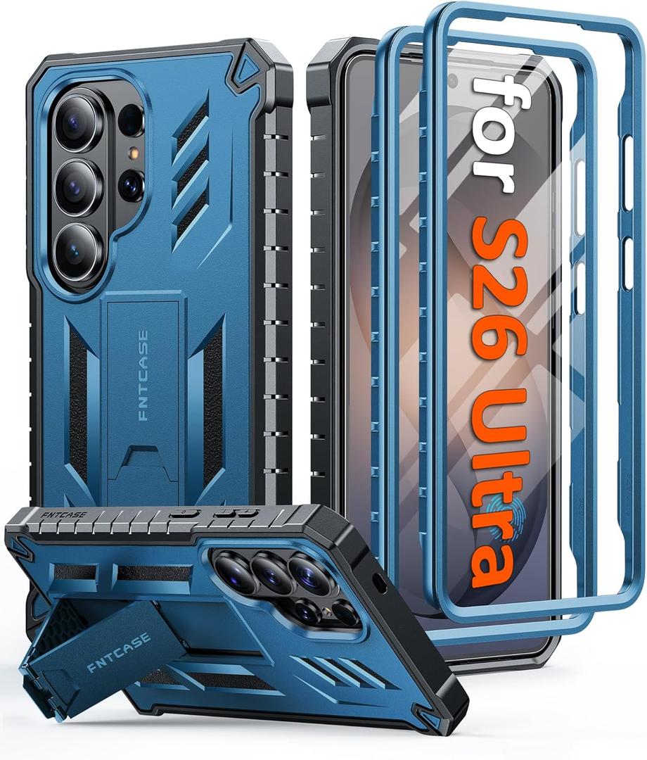 FNTCASE for Samsung Galaxy S26-Ultra Case: [Built-in Screen Protector & Kickstand] [2 Front Frames] [Military-Grade Drop Protection] Heavy Duty Shockproof Rugged TPU Case Full Body Protective, Blue