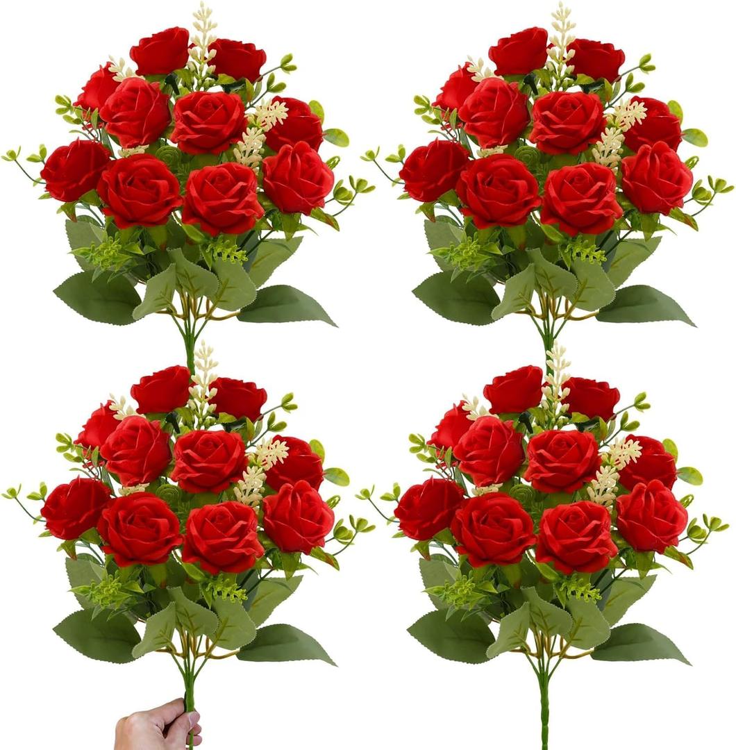 TURNMEON 40 Heads Fake Roses Artificial Flowers for Outdoors Summer Decor, 4 Bouquets UV Resistant Fake Flower Bouquet Faux Silk Roses for Wedding Birthday Party Home Mother's Day Cemetery Decor(Red)