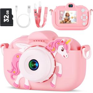 Kids Camera Toys for Ages 3 4 5 6 7 8 9 Girls, 48MP Dual Lens Toddler Digital Camera Christmas Birthday Gift, Kids Selfie Camera with 32G SD Card, Silicone Cover (Pink)