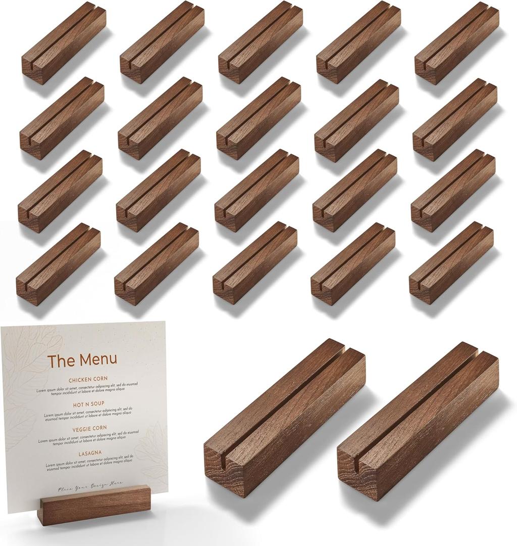 20 pcs Oak Wood Place Card Holder Walnut Color - Wooden Acrylic Sign Holder Table Decor - Picture Display Stands, Centerpieces Table Number Signs for Holiday Decoration Wedding Party Events