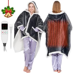 Wearable Heated Throw Blanket for Women Heated Shawl Wrap Heated Poncho Blankets with Sleeves Flannel&Sherpa Electric Robe Heated Throw Hoodie Blanket with 9 Temp for Home,Office 51"x63"