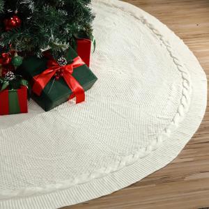 72 Inch Christmas Tree Skirt Extra Large White Chunky Xmas Knitted Tree Skirt Giant Cable Knit Thick Rustic Farmhouse Xmas Ornaments for Home Merry Christmas Holiday Winter Party Decorations