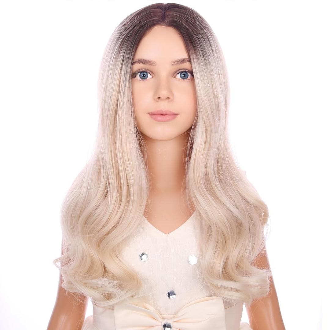 Long Blonde Wigs for Kids Child Long Curly Wavy Ombre Blonde Wig Middle Part Girls Wigs Heat Resistant Synthetic Hair Wigs