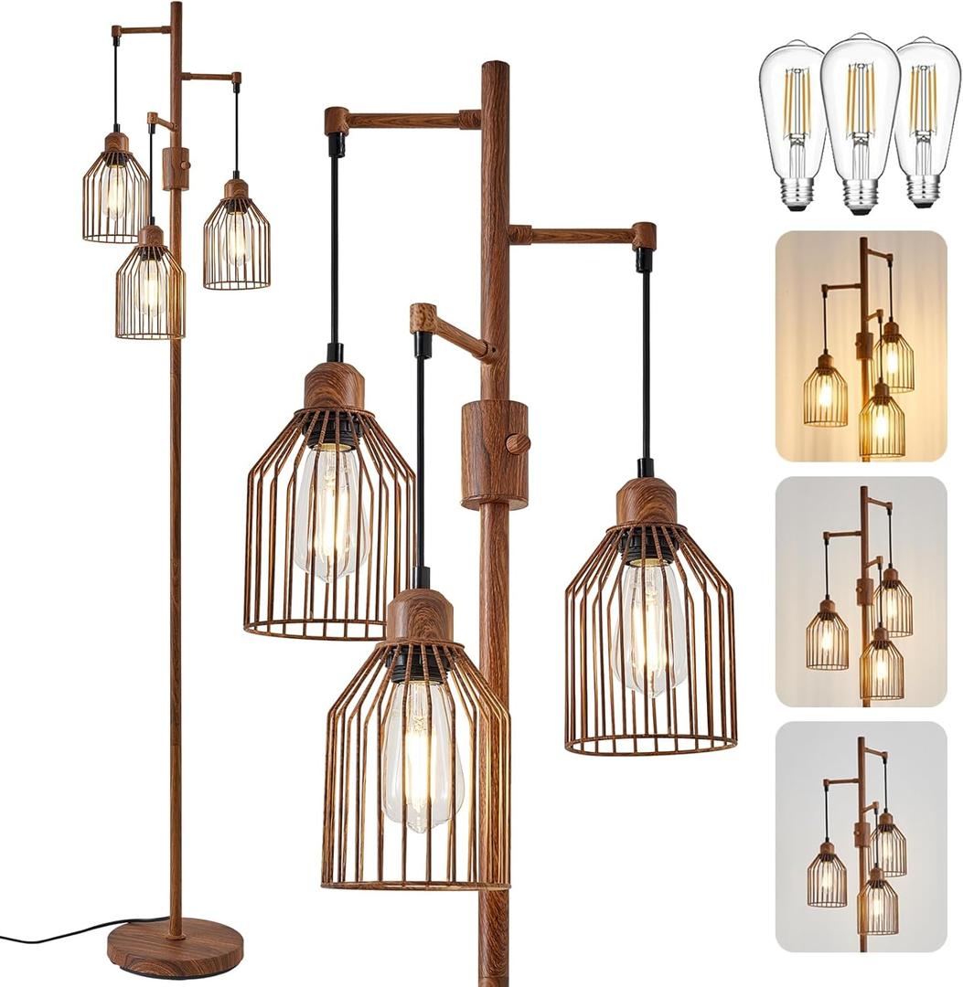 Dimmable Floor Lamp for Living Room, Farmhouse Floor Lamps with Elegant Hanging Cage, 3 x LED Edison Bulbs Included, 68.5" Industrial Standing Light for Bedroom Office Home Decor (Wood)