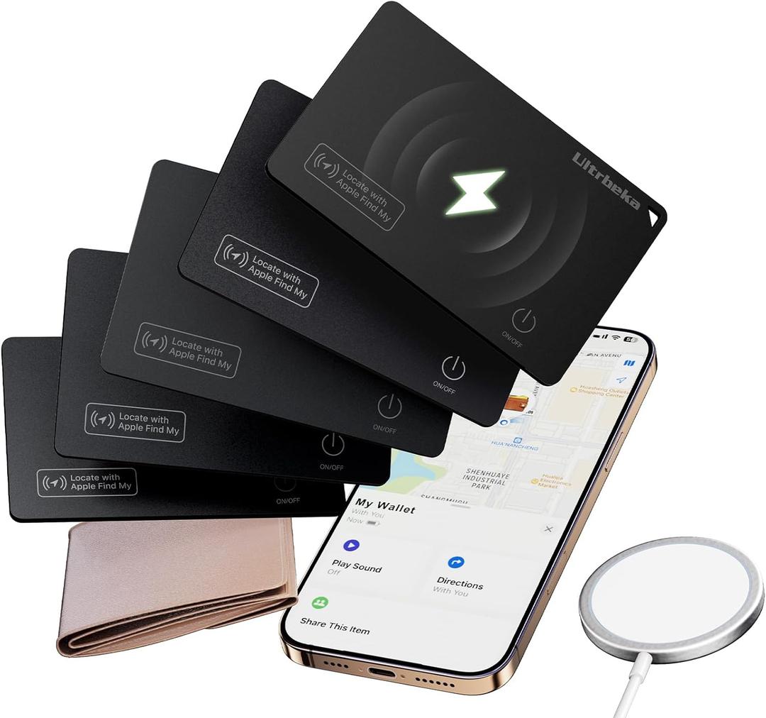 Ultrbeka Wallet Tracker Card IP68 Waterproof Bluetooth Tracker for Wallets, Passport, Work with Apple Find My, Wireless Charging, iOS Only [Apple MFi Certified] 5pcs / 1* Wireless Charger