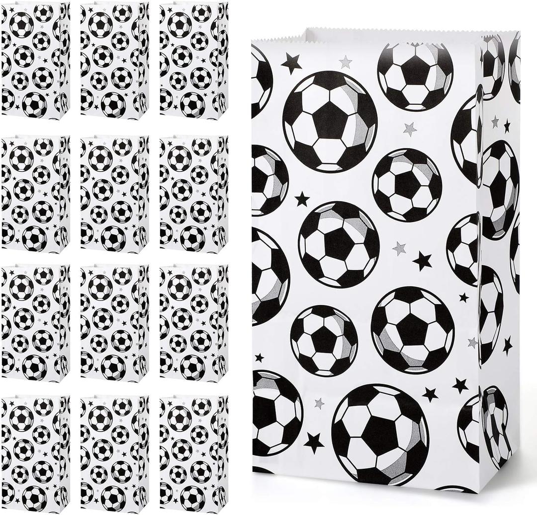 Blulu 30 Pack Paper Soccer Party Favor Bag Candy Goodie Treat Bags Soccer Print Gift for Football Themed Party Favors (White)