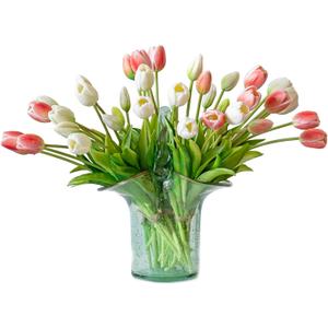 40pcs Artificial Tulips Flowers, Latex Bouquet, Fake Tulips for Office Wedding Party Home Kitchen Garden Decoration-B Coral Pink Suit