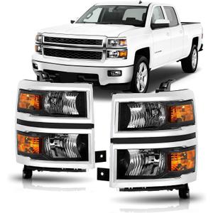 Headlights Assembly for 2014-2015 Chevy Silverado 1500 Halogen Head Light Headlamp Replacement Driver &Passenger Side, Chrome Housing Black Inner Amber Corner