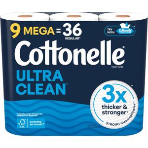 Cottonelle Ultra Clean Toilet Paper, 9 Mega Rolls = 36 Regular Rolls, Packaging May Vary