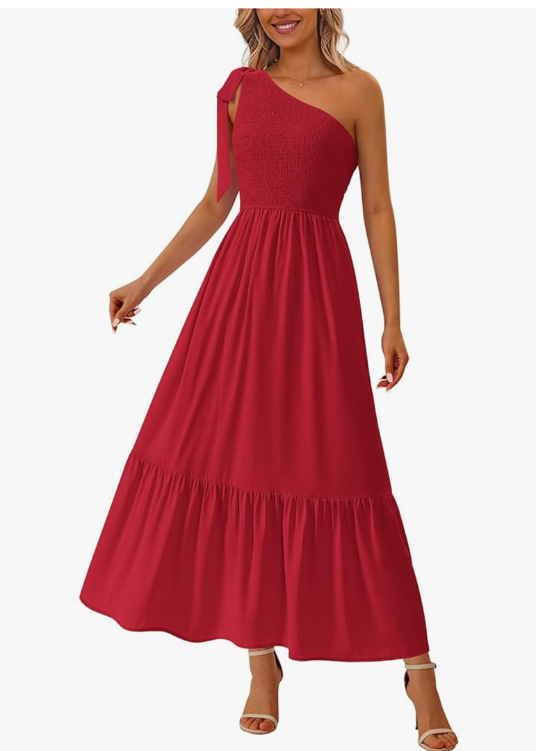 RETTYGARDEN Womens One Shoulder Summer Maxi Dress Smocked Flowy Boho Beach Long Sundress Sleeveless Wedding Guest Dresses, Size Small