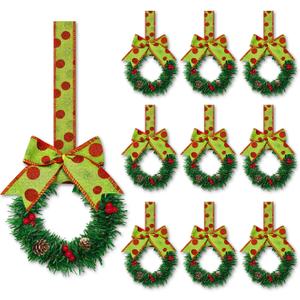 10 Pcs 6" Small Christmas Kitchen Cabinet Wreaths with Ribbon Mini Kitchen Cabinet Christmas Decor for Window Door (Green)