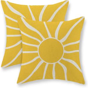 Summer Pillow Covers 18x18 Inch Set of 2, Yellow Sun Decorations Outdoor Throw Pillows Boho Summer Sunshine Sunrise Pillowcase Linen Decor Square Modern Farmhouse Cushion Case for Couch Sofa