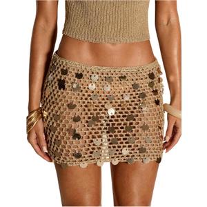 MakeMeChic Women's Crochet Sequin Saparkly Mini Skirt Beach Cover Up Low Waist Party Y2k Skirts Swimsuit Coverup (Khaki, Small)