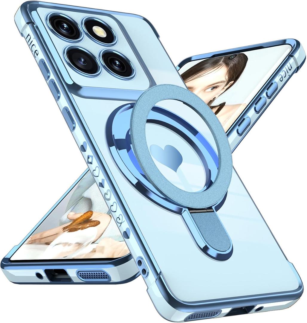 for Motorola Moto Edge 2025 Love Heart Kickstand Case, Luxury Plated Gold Edge Slim Soft TPU Shockproof Full Camera Protection Case Cover for Moto Edge 2025 (Blue)