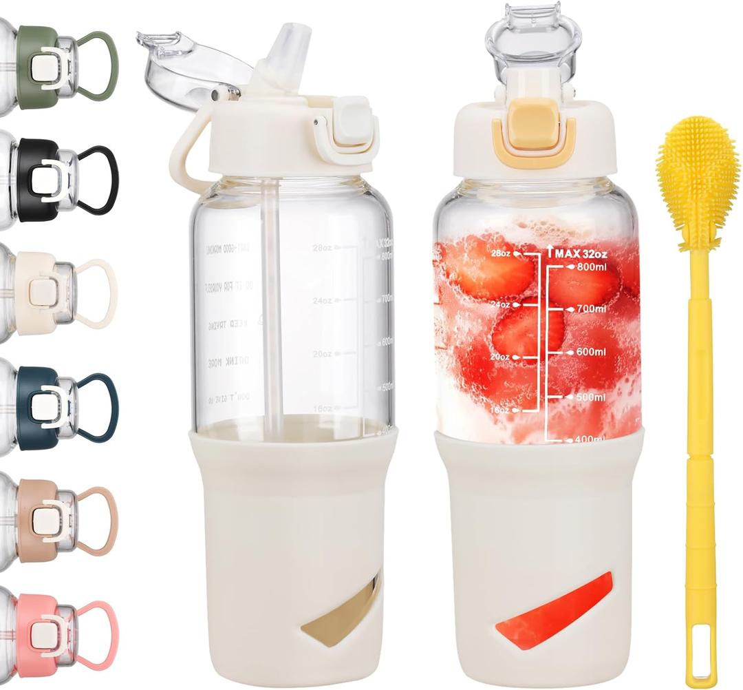 SIEROZUR 32 oz Glass Tumbler with Straw, Glass Water Bottles with 2 Lids-Handle Spout Lid & Straw Lid, 1 Liter Motivational Water Bottles, Silicone Sleeve, Fits Car Cup Holder,White
