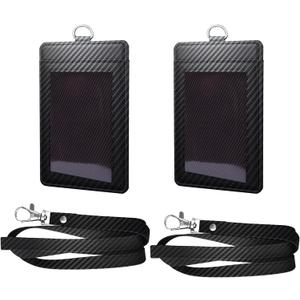 Carbon Fiber Work ID Card Holder with Lanyard is a Stylish and Durable Card Holder with Dual Card Capacity, Clear Display Window and Privacy Back Pocket (Black(2 Piece))