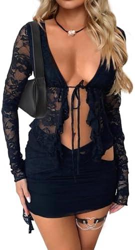 CSDAJIO 2 Piece Outfits for Women Floral Lace Open Front Tie Up Long Sleeve Crop Top Blouse Shirt and Mini Skirt Set, XS