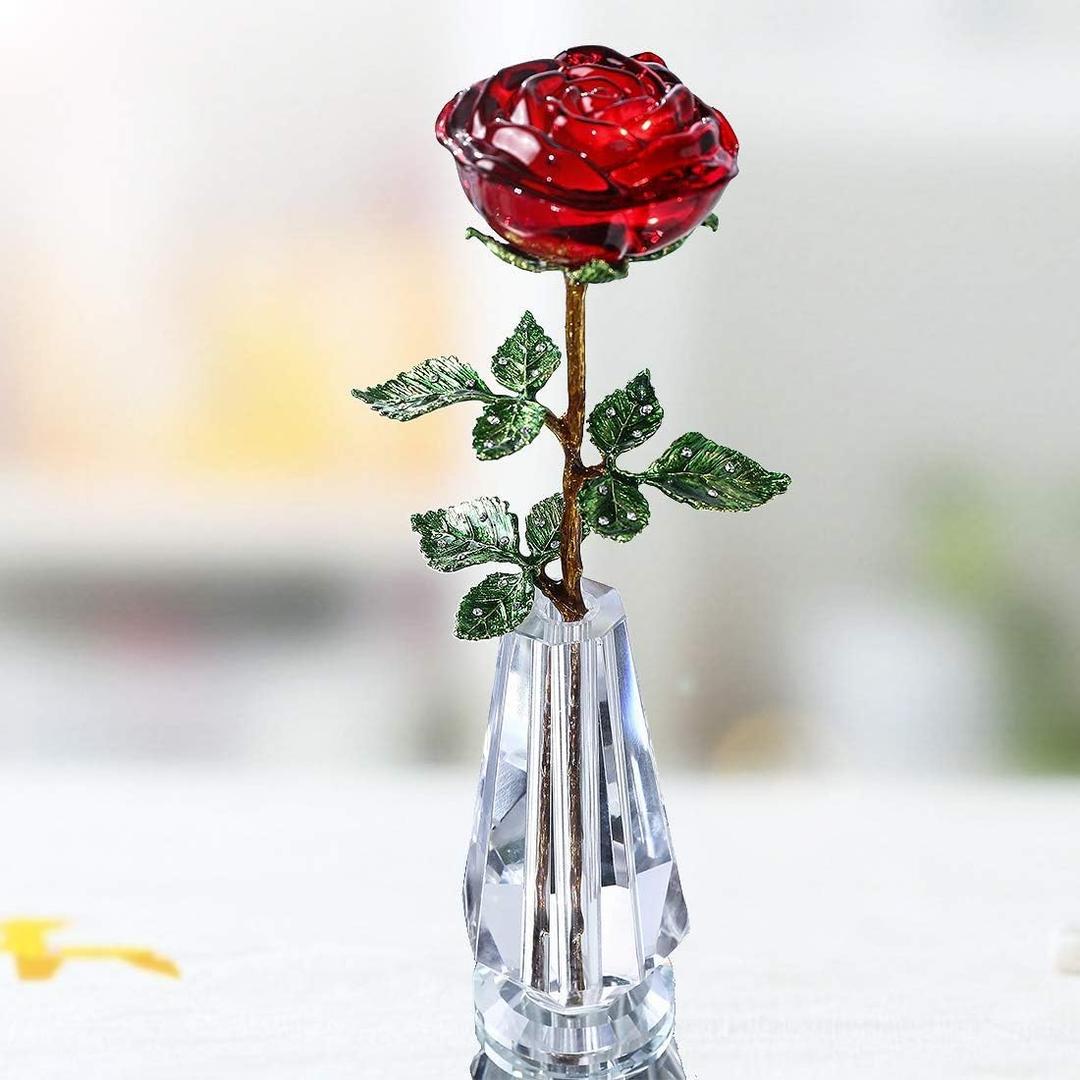HDCRYSTALGIFTS 10'' Red Crystal Rose Figurine - Rose Flower Gifts for Women Crystal Glass Valentines Figurines Collectible Ornaments for Valentines Day Wedding Home Table Centerpiece
