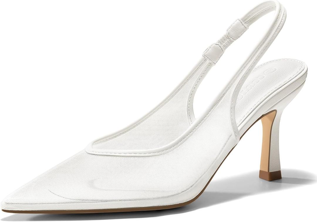 Coutgo Womens Mesh Slingback Kitten Heels Pointed Toe Low Heel Pumps Sexy Dress Shoes (8.5, White)
