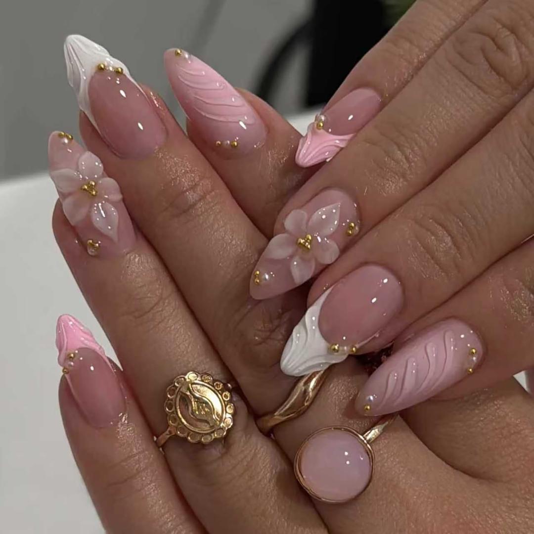 French Tip Press On Nails Medium Almond Fake Nails Nude Pink 3D Flowers Nails Press Ons Acrylic False Nails With Gold Pearl Designs Full Cover Glue On Nail Glossy Stick On Nail For Women