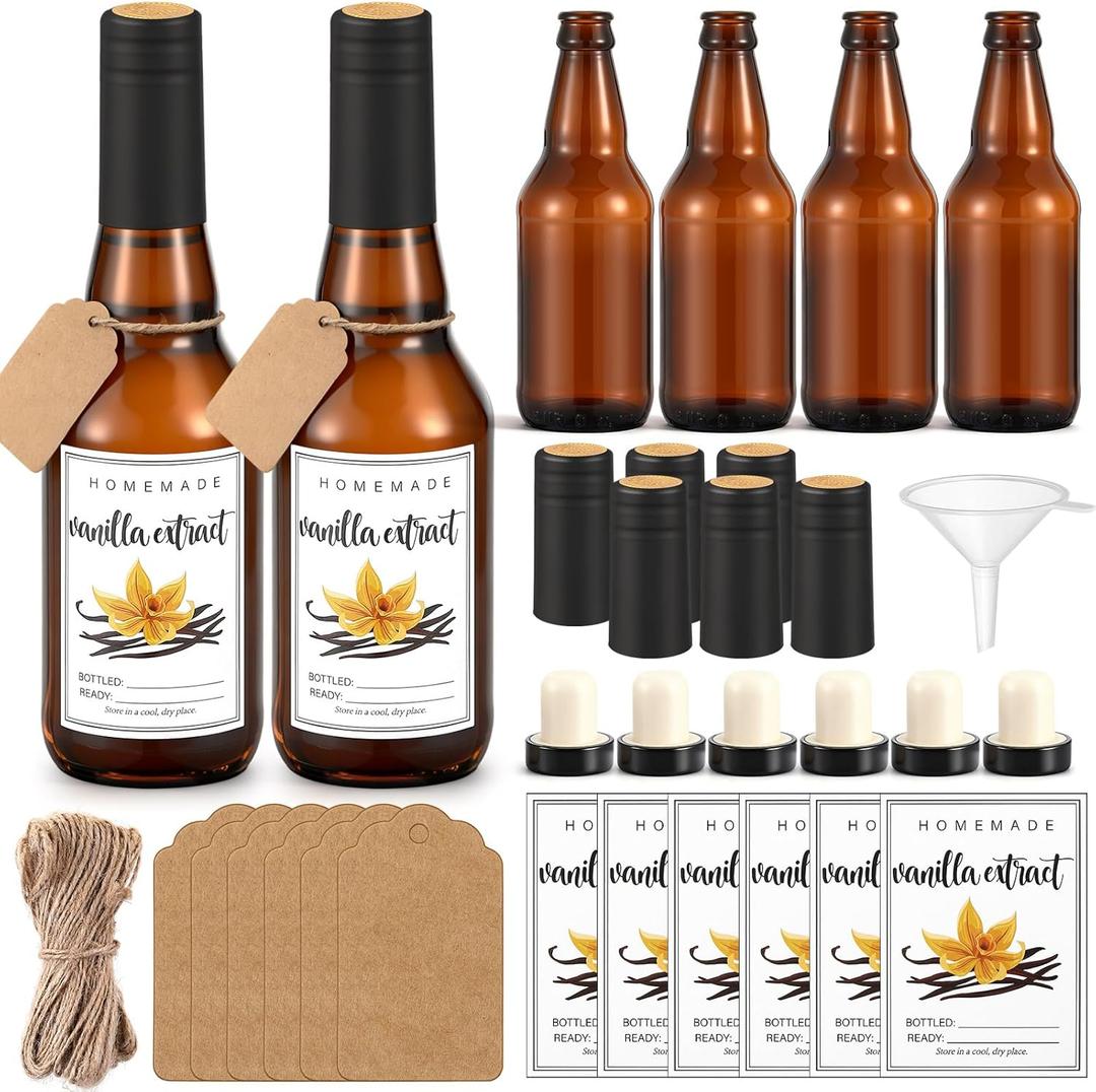 6 Pack 11 oz Vanilla Extract Bottles Glass Amber Bottles with Caps Stickers and Funnel for Homemade Vanilla Extract, Essential Oils, Syrup, Sauce Beans, Liquids, Christmas, Holiday Gift