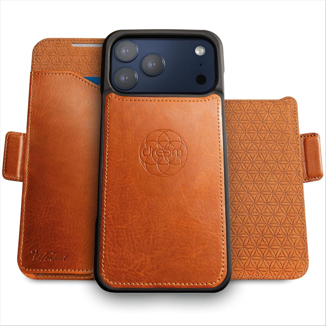 Dreem Wallet Case for iPhone 17 Pro Max, Revolutionary Vert/Hor Phone Stand, Magnetic Detachable Vegan Leather Flip Cover RFID Blocking Card Holder, MagSafe-Fit, Gift Box [Fibonacci: Caramel]