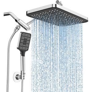 High Pressure Rain Shower Head with Handheld Spray Combo Set, Adjustable 12" Rainfall Dual Shower Head, Double&Tandem Shower Head, Waterfall Showerhead Bathroom -Silver Chrome