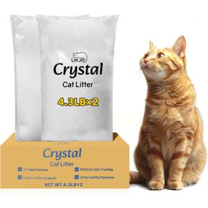 LMJP Crystal Cat Litter with Powerful Odor Control, Non-Clumping, Lasts Up to 2 Months, 8.6lb, Rapid Water Absorption, Unscented & Low Tracking Lightweight White Silica, 2 Pack of 4.3lb