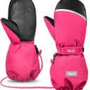 MCTi Kids Mittens Waterproof Winter Ski Warm Sherpa Lined Long Cuff with String (3X-Small, Red)