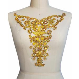 Rhinestone Crystal Trim Bridal Applique Beaded Sequin Sew On Neckline Design Patch Sewing for Wedding Collar Dresses DIY Decoration 28x30cm (Yellow)