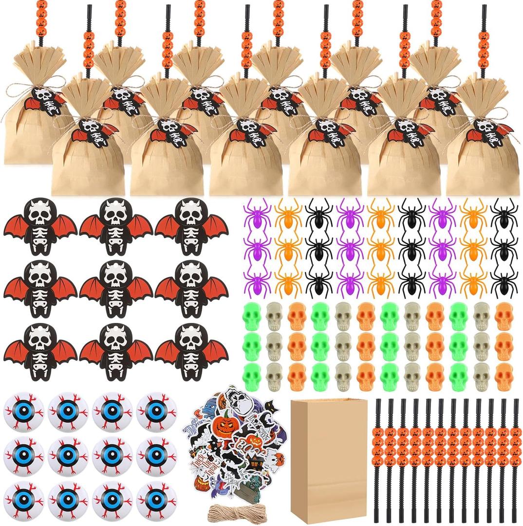 Capoda 170 Pcs Halloween Party Favors for Kids, 12 Sets DIY Witch Broom Bags with Pumpkin Straws Skull Tags Spider Eyeball Toys Stickers for Trick or Treat Goodie Bag Fillers Classroom Supplies