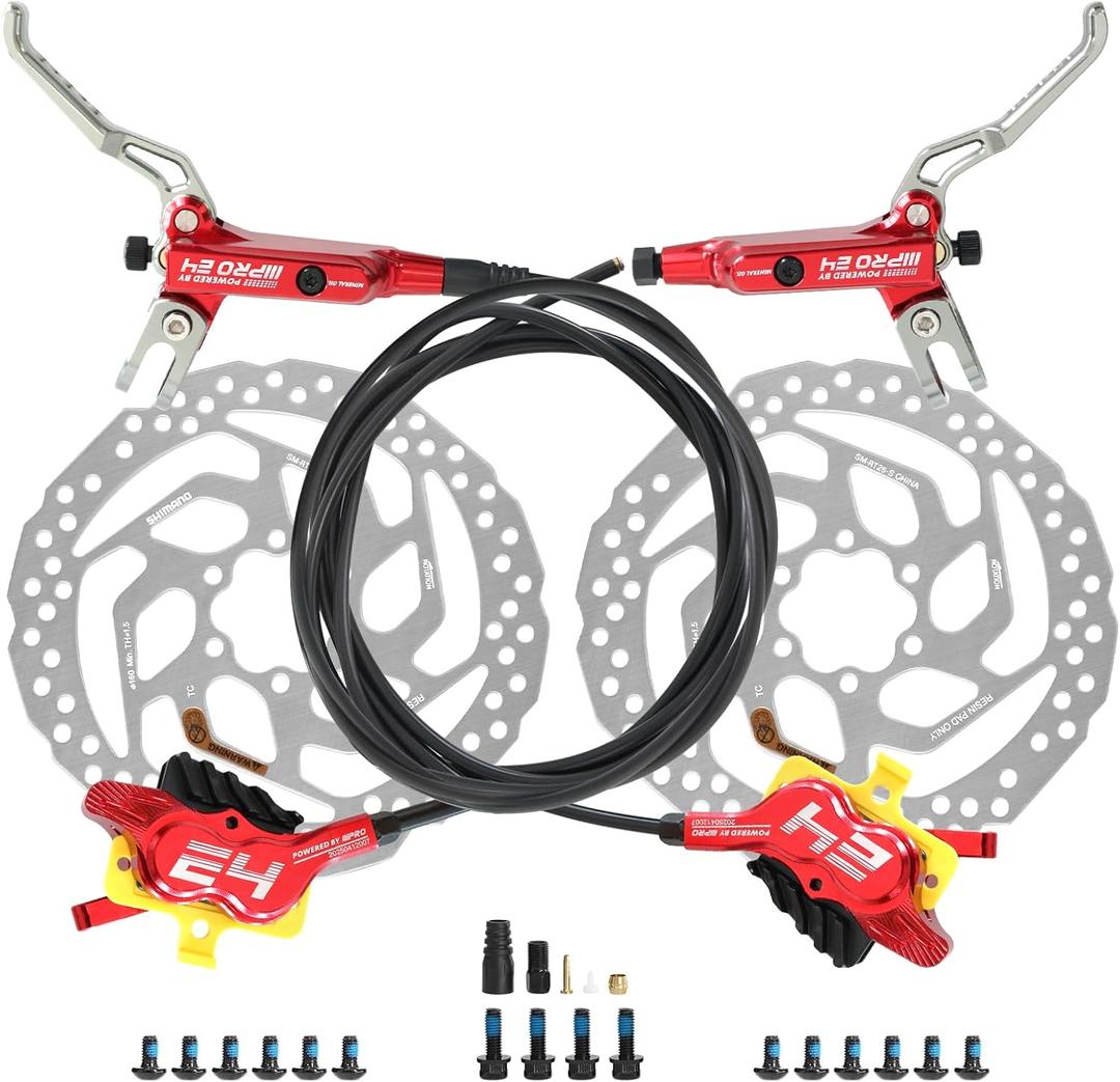 IIIPRO MTB 4 Pistons Hydraulic Disc Brake Set Left Front 800mm Right Rear 1550mm with 160mm Rotors, Mountain Bike Bicycle Disc Brake Kit with Ceramic Brake Pad for eBike, Road Bike, Fat Bike