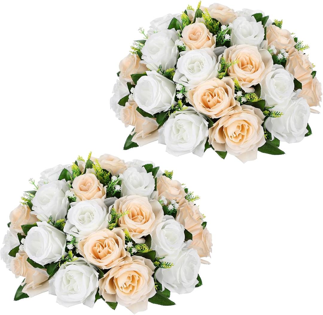 Briful Fake Floral Balls for Centerpieces - 2PCS 11.8" Large Faux Rose Flower Arrangement Silk Flower Bouquet for Home Wedding Party Anniversary Table Vase Flower Stand Decor(Champagne White)