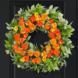 24 Inch Spring Wreaths for Front Door with Carnations, Daisies and Eucalyptus - Artificial Spring Summer Front Door Wreath for Farmhouse, Porch, Window, Wedding, Celebration, Indoor Outdoor Home Decor